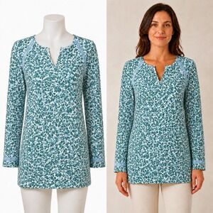 Woolovers Tunic Top Womens Medium Green Leaf Print Long Sleeve Cotton Split Neck